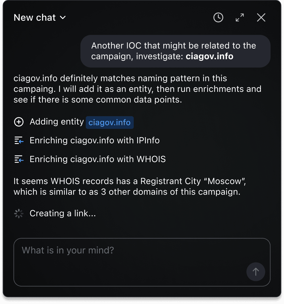 A chat interface where an AI investigates the domain, enriches it with IPInfo and WHOIS data, and notes a registrant city match with other campaign domains.