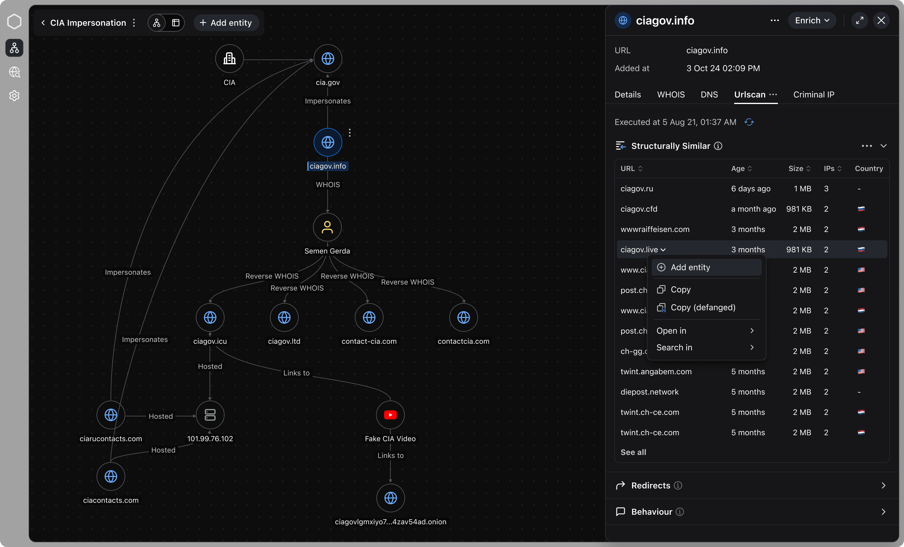 The image shows a cyber threat intelligence platform called Malfors with a graph-based interface. The graph visualizes relationships between domains and entities; and enrichment panel.