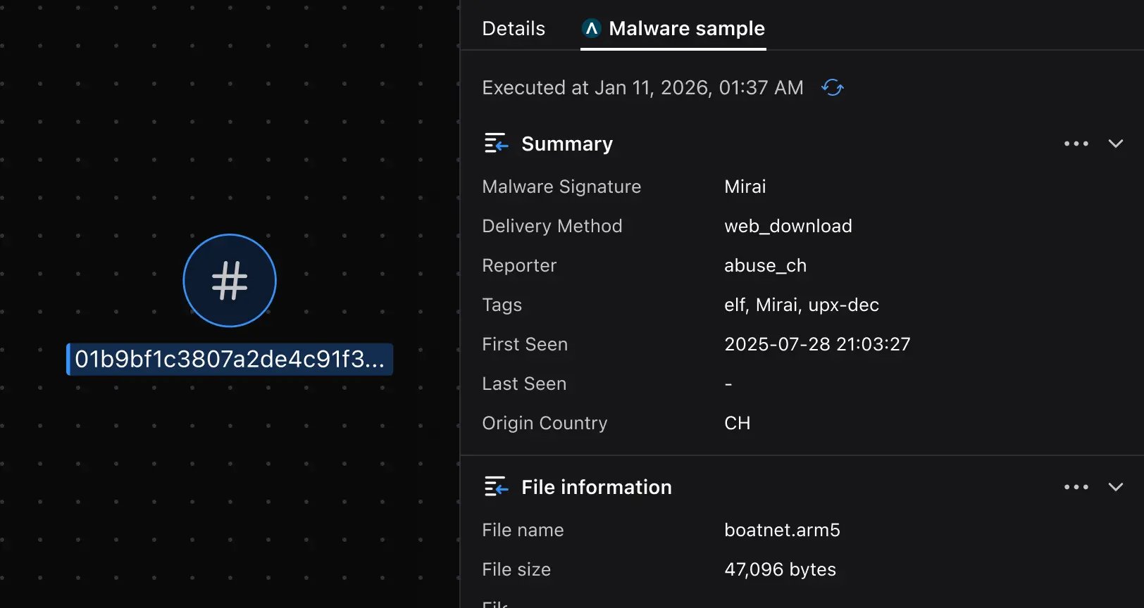 Malfors graph showing abuse.ch enrichment results for a file hash