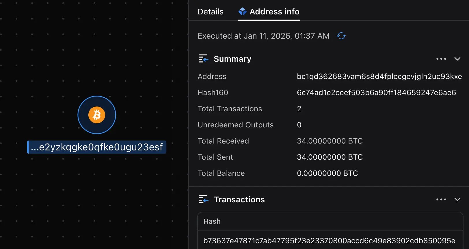Malfors graph showing Blockchain enrichment results for a Bitcoin address