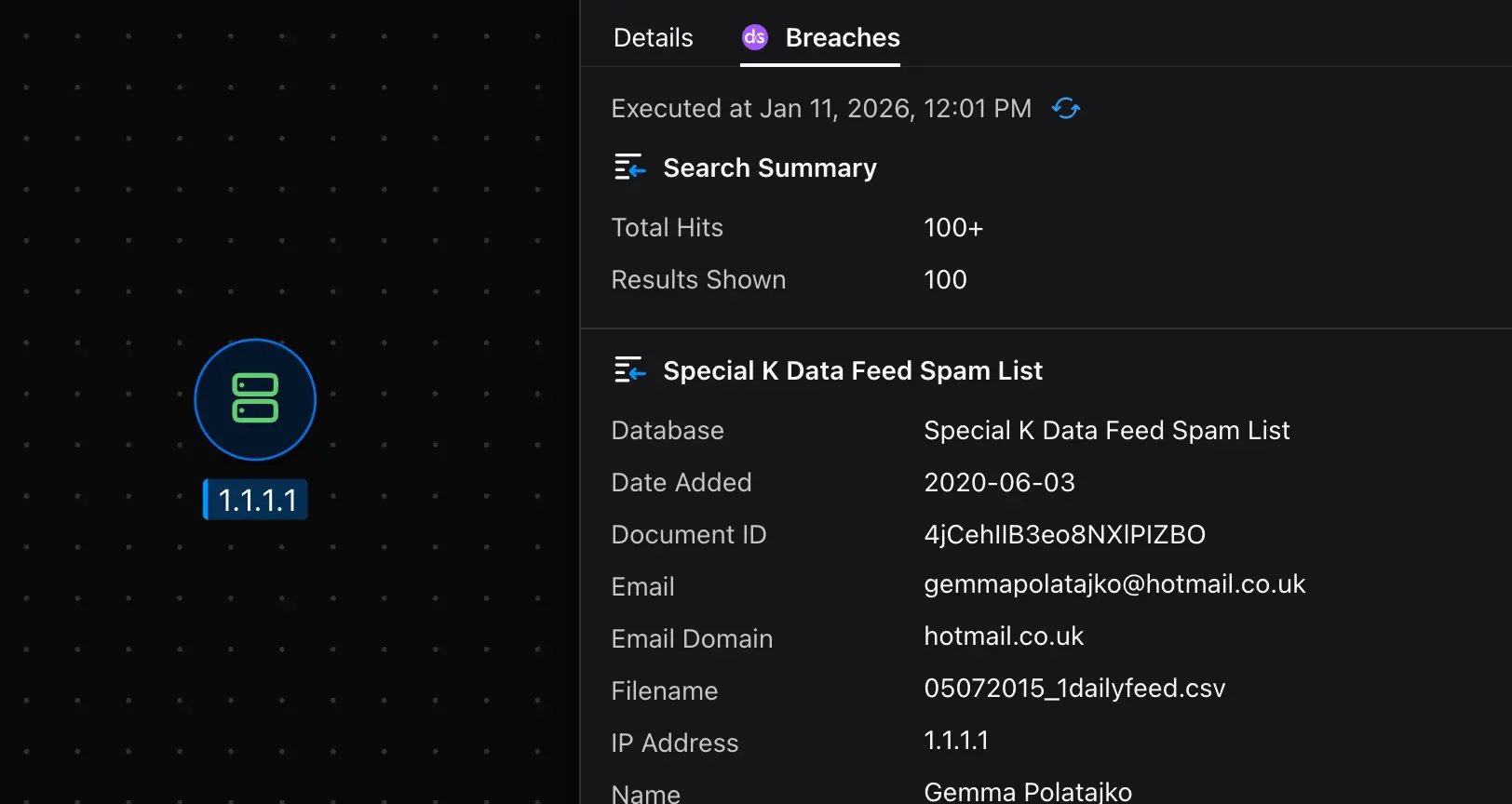 Malfors graph showing Darkside breach records for the IP address