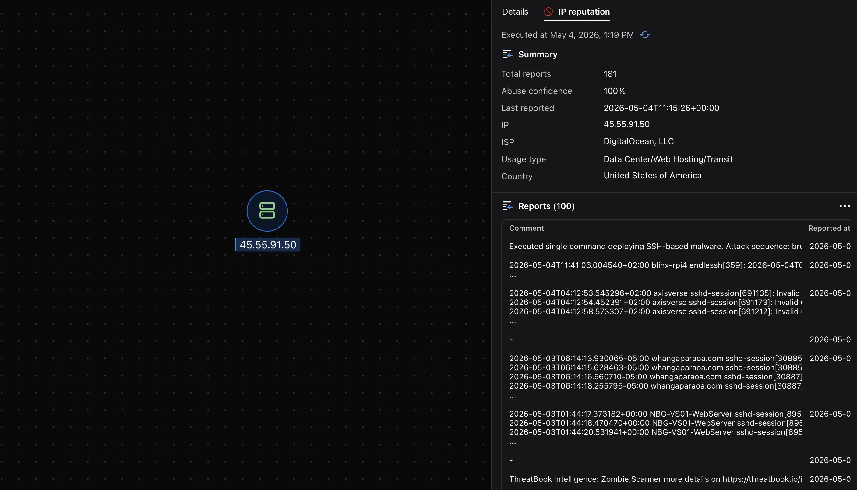 Malfors graph showing AbuseIPDB enrichment results for an IP address