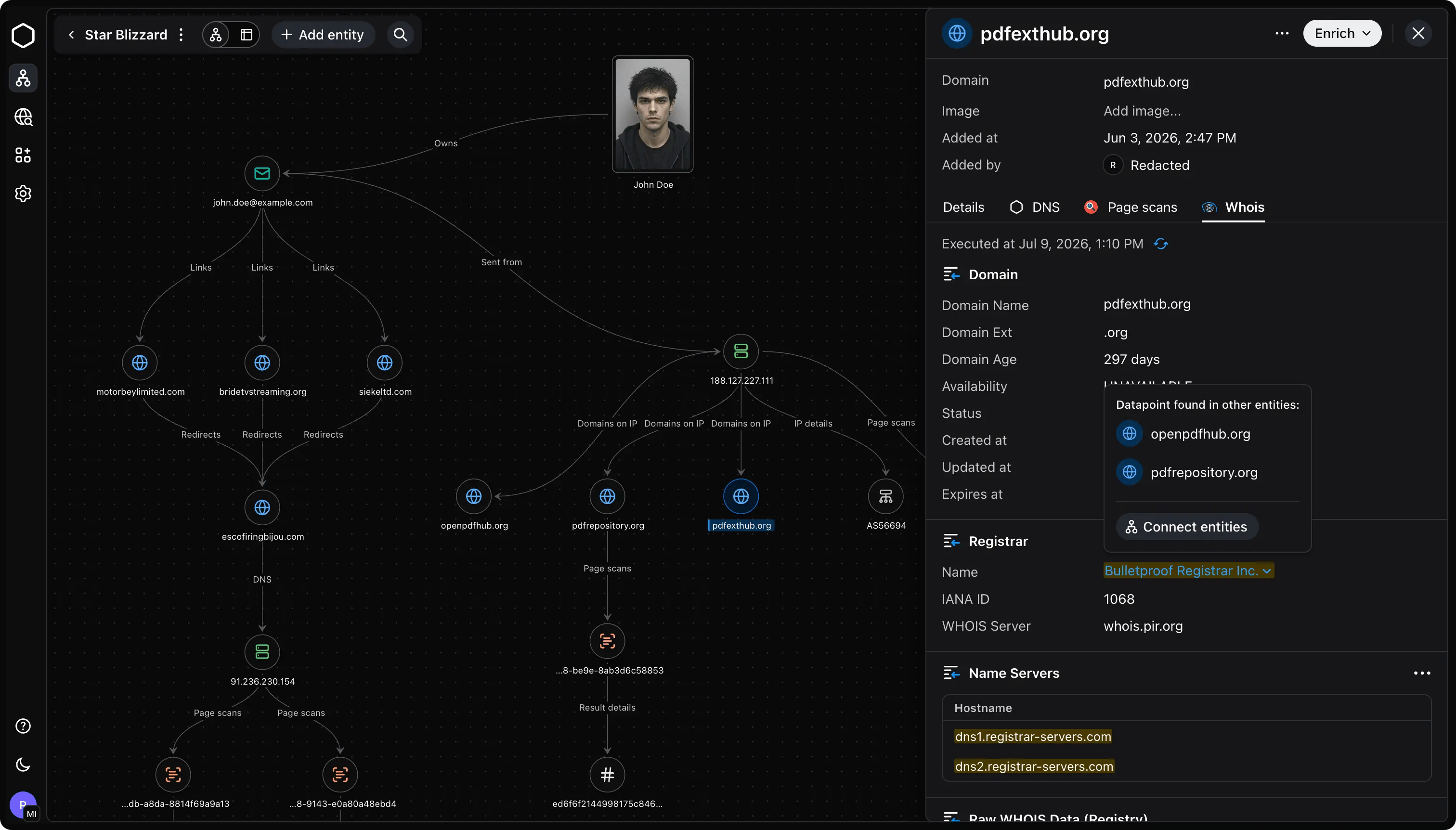 The image shows a cyber threat intelligence platform called Malfors with a graph-based interface. The graph visualizes relationships between domains and entities; and enrichment panel.