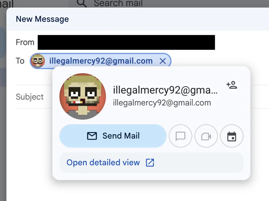 Gmail compose window showing avatar for illegalmercy92@gmail.com