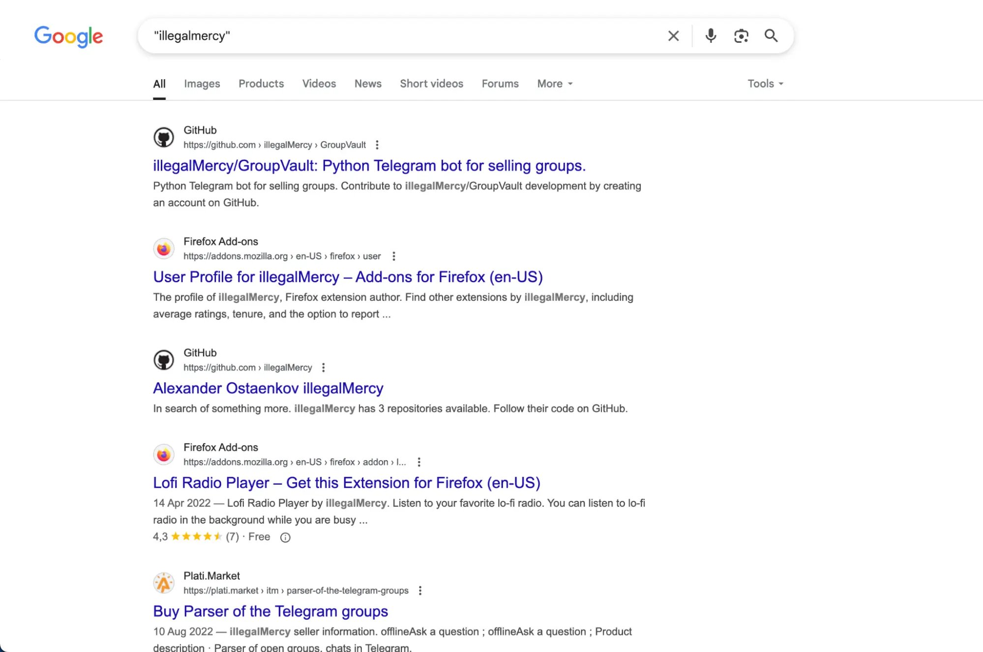Google Search results for 'illegalmercy' showing GitHub and Firefox profiles