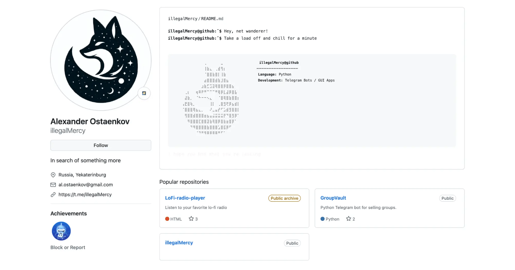 GitHub profile for Alexander Ostaenkov (illegalMercy)