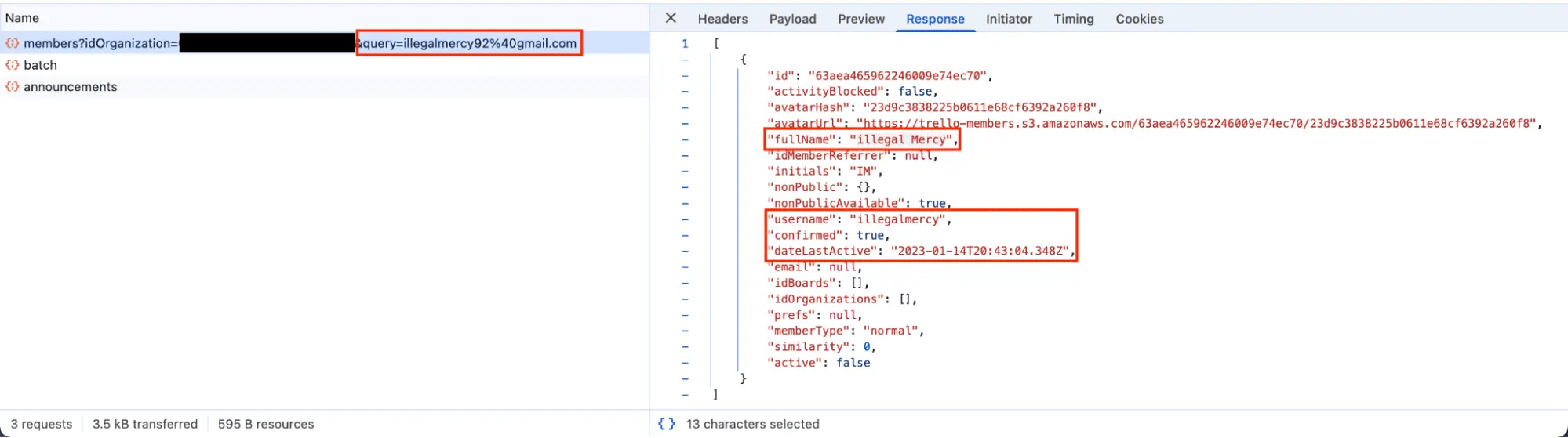 Trello API response showing user profile for illegalmercy92@gmail.com