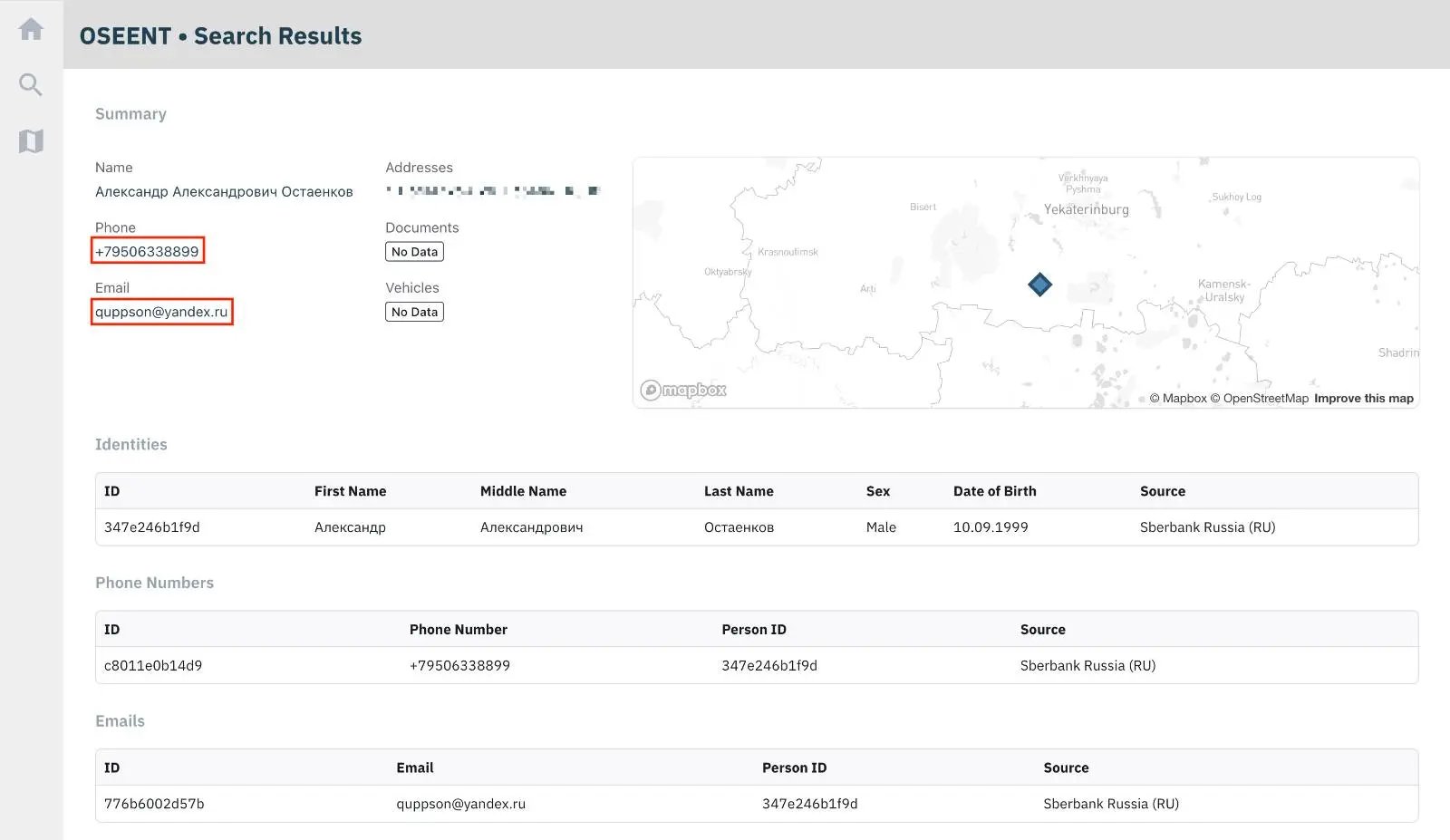 OSEENT platform showing breached data confirming Aleksandr's identity