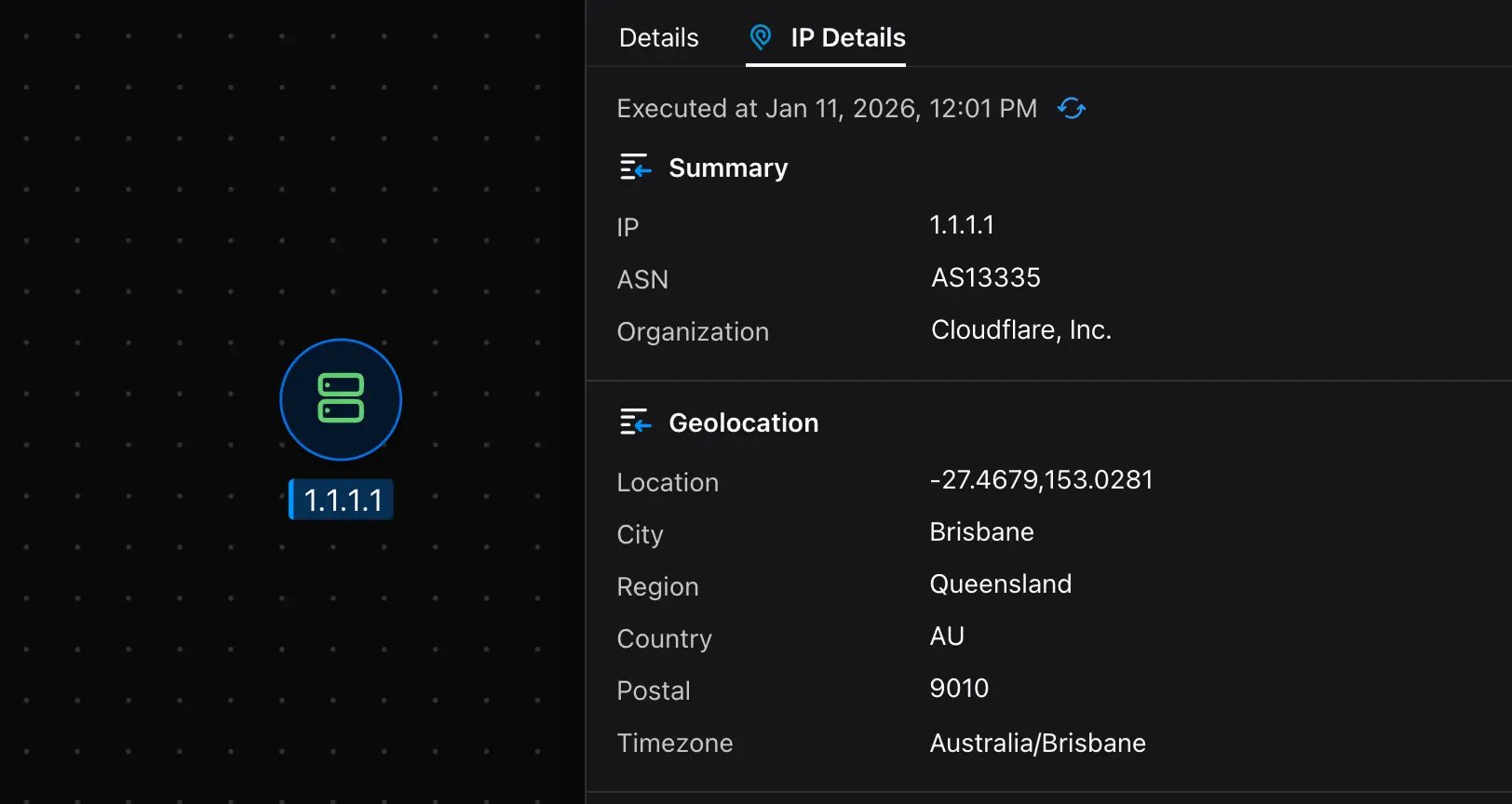 Malfors graph showing IPInfo details for 1.1.1.1 with ASN and geolocation results
