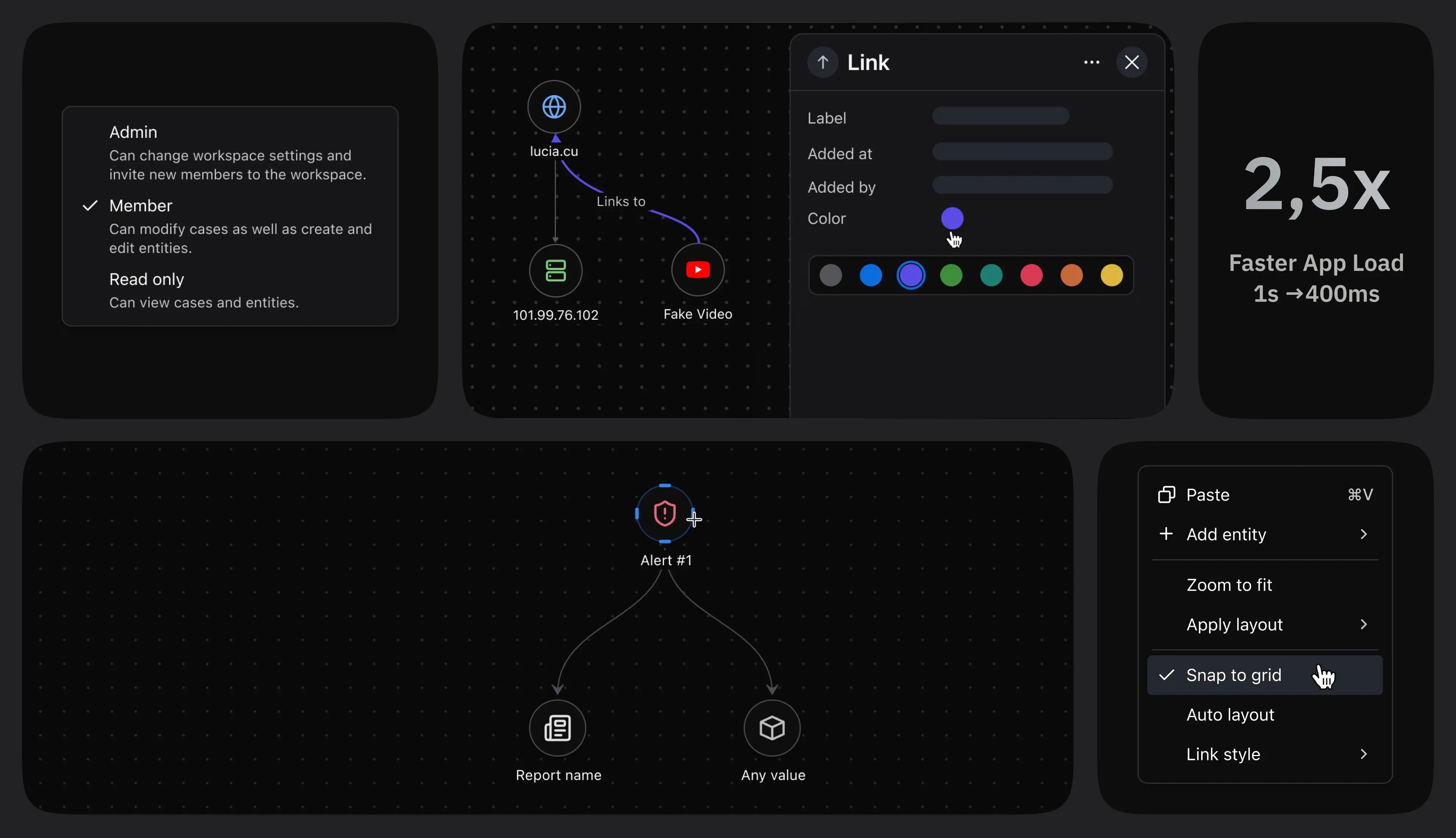 Malfors v1.4 release highlights: role-based access control, link colors and routing styles, auto-layout improvements, and faster app load times.