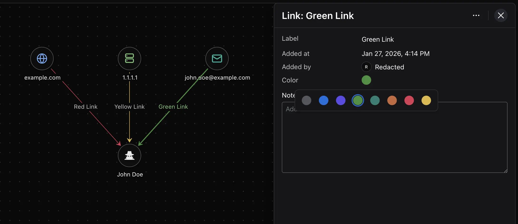 Graph showing entities connected with different colored links and a straight link routing style