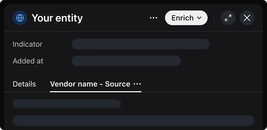 Entity metadata panel showing private enrichment results from a custom vendor