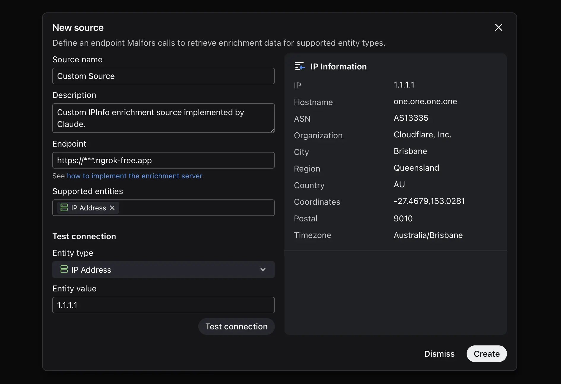 Private enrichment source setup dialog with endpoint configuration, test connection fields, and an IP information preview