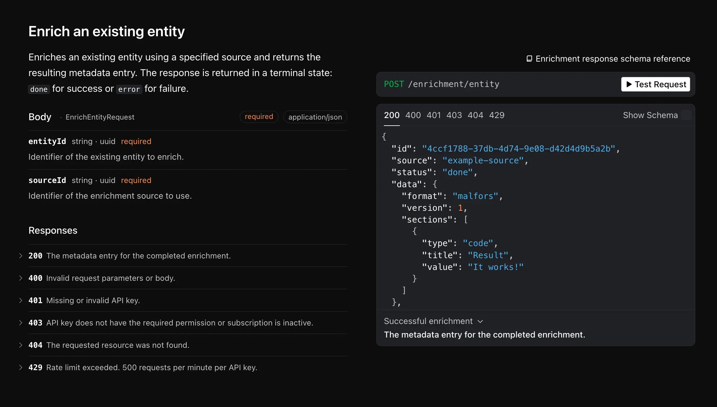 Malfors API docs showing the enrich existing entity endpoint, a test request button, and a JSON response example