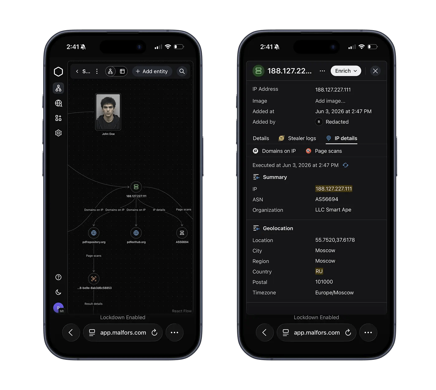 Malfors on two mobile screens showing an investigation graph and an IP address details panel