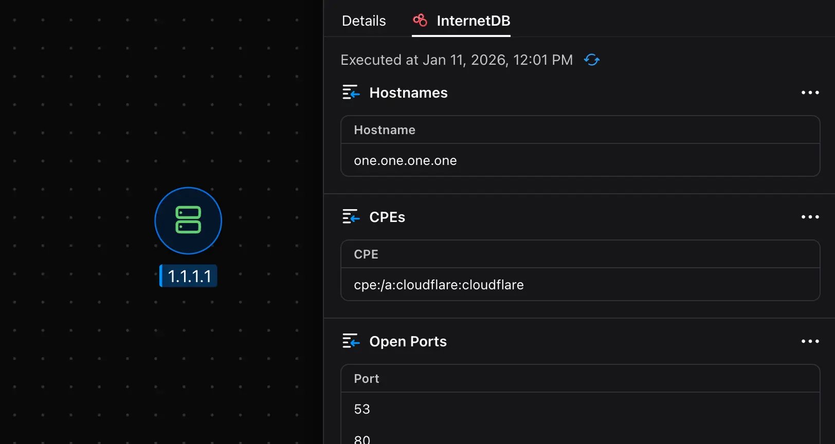 Malfors graph showing Shodan InternetDB results with hostnames, CPEs, and open ports for 1.1.1.1