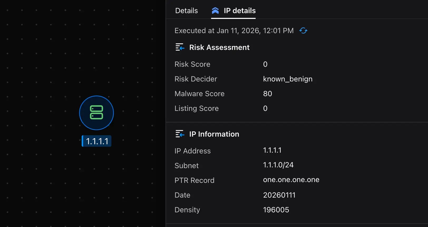 Malfors graph showing Silent Push IP details with risk assessment and IP information for 1.1.1.1