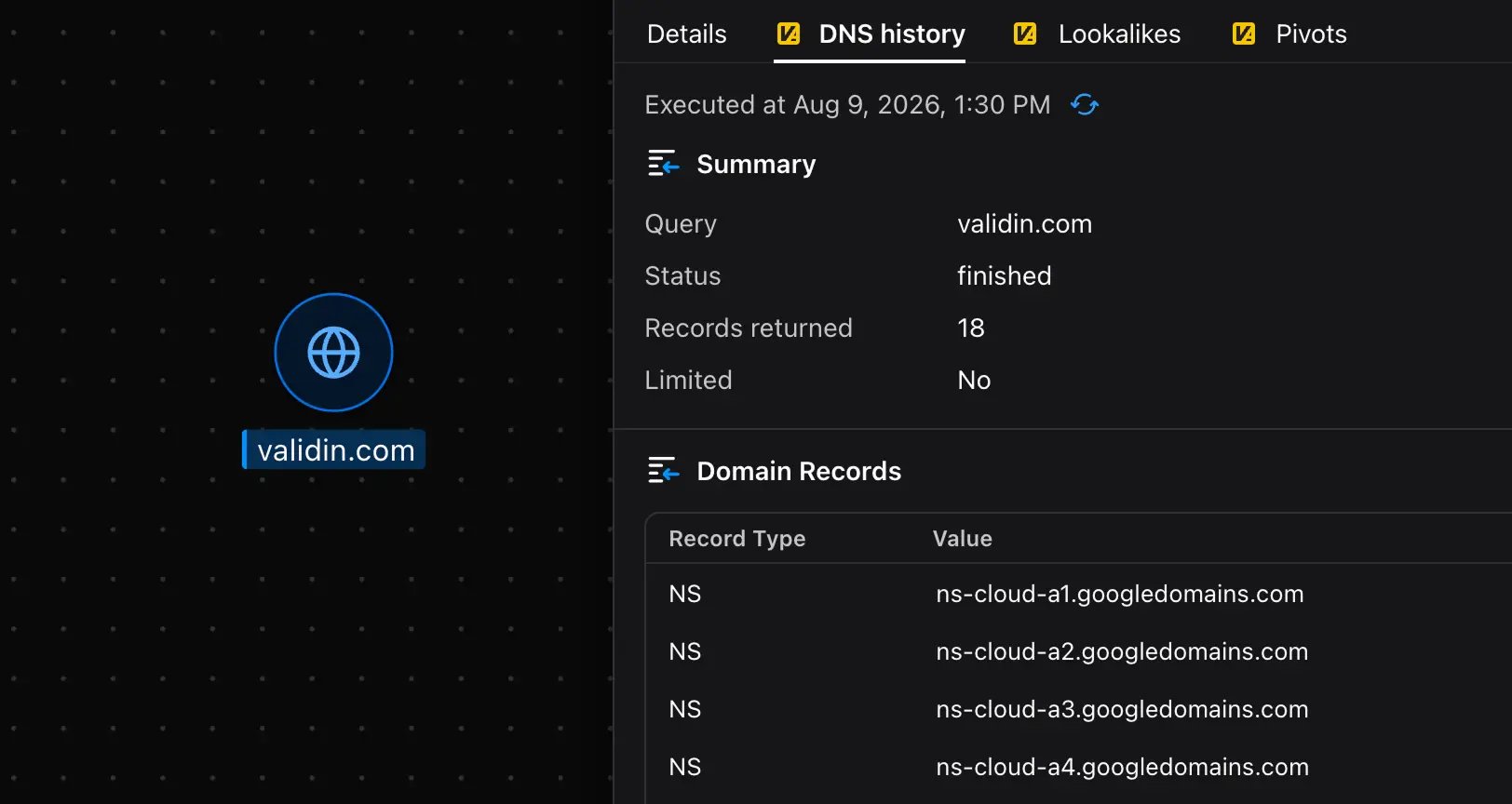 Validin DNS history enrichment for validin.com in Malfors