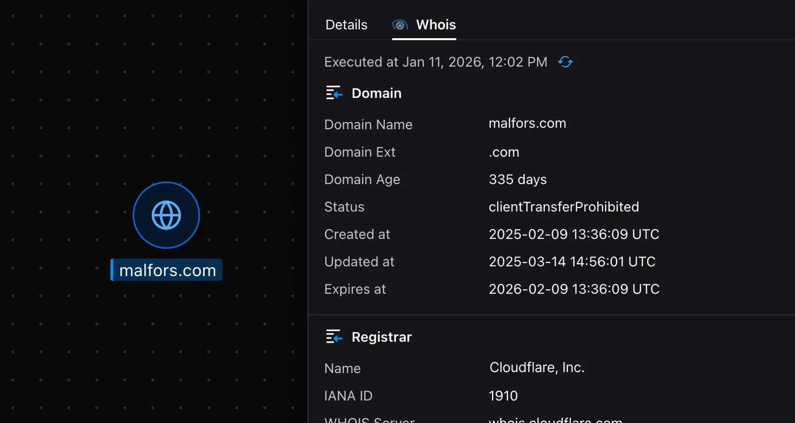 Malfors graph showing WhoisXMLAPI results for malfors.com with domain and infrastructure details